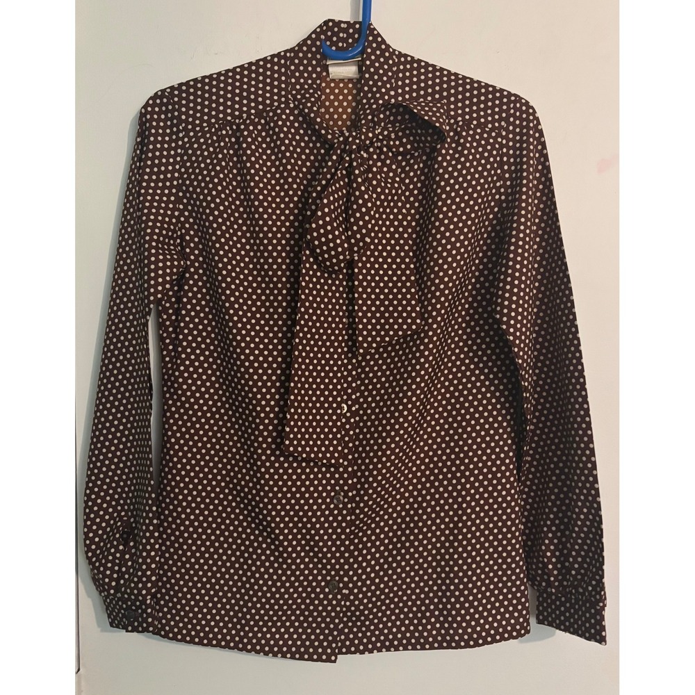 Vintage 80s Womens Sears The Fashion Place Brown White Polka Dot Tie Blouse Sz 8